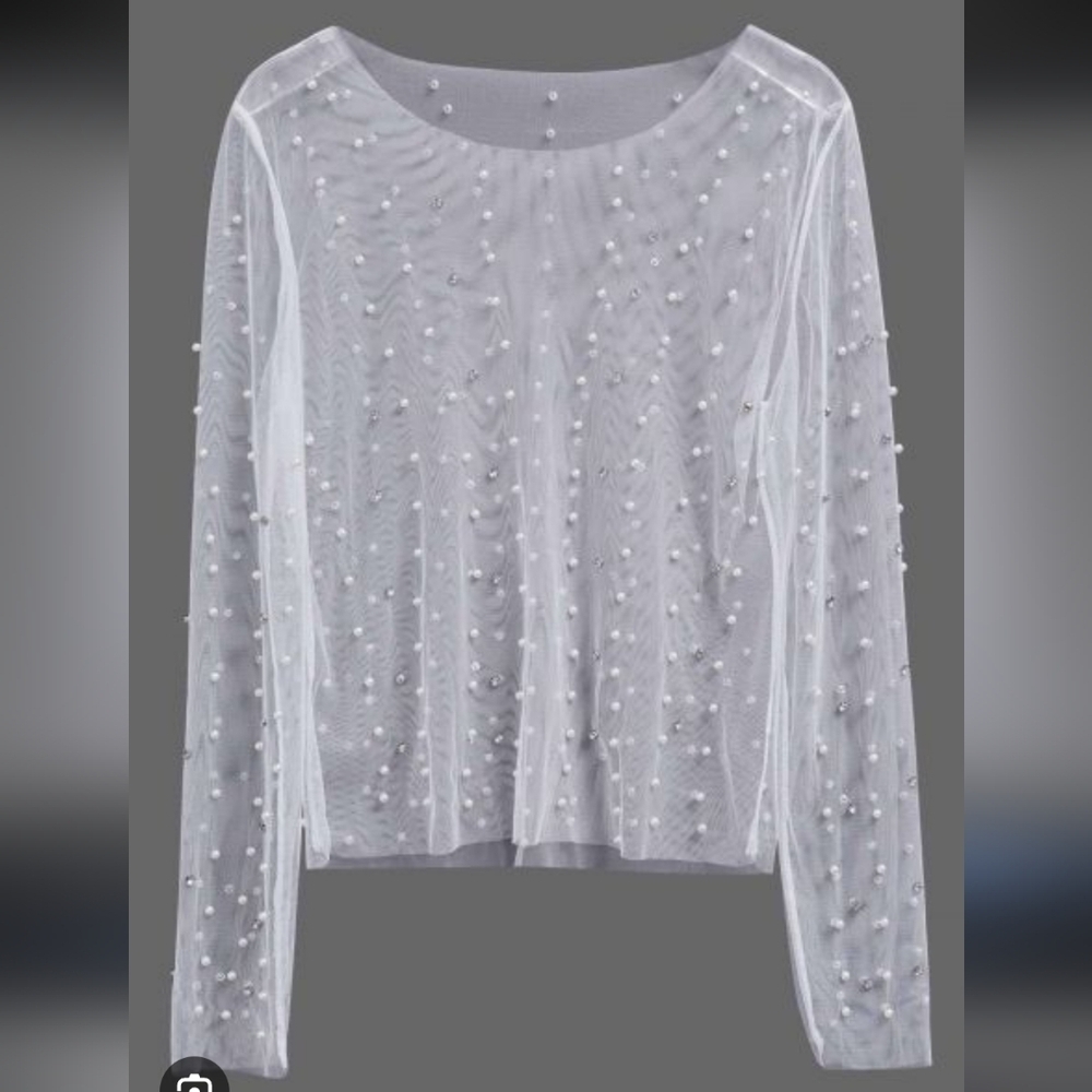 Pearl-Embellished Sheer Long-Sleeve Blouse - White